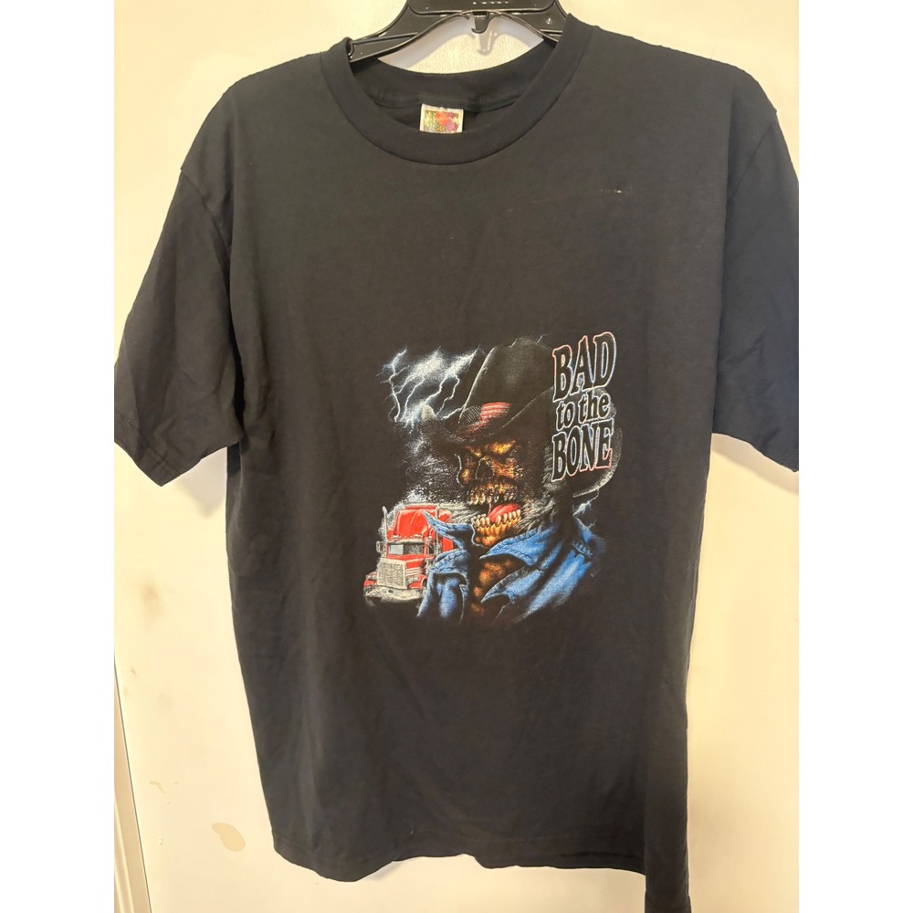 Faded Fruit of the Loom Bad to the Bone Skeleton Cowboy Trucker Graphic Tee L